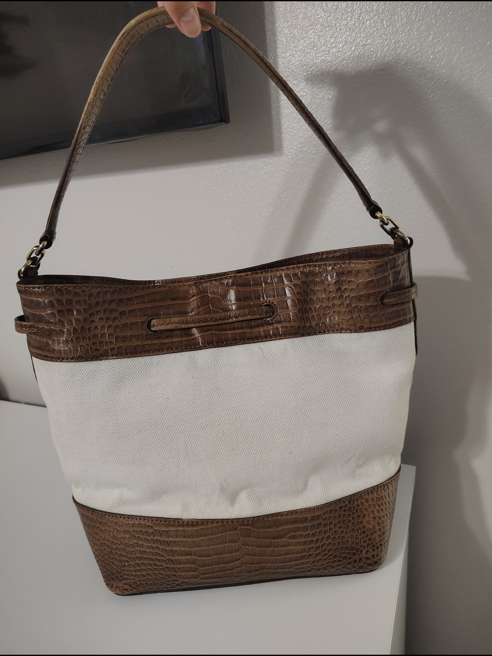 Ralph Lauren Cream & Brown Canvas Drawstring Shoulder Bag - Picture 3 of 6